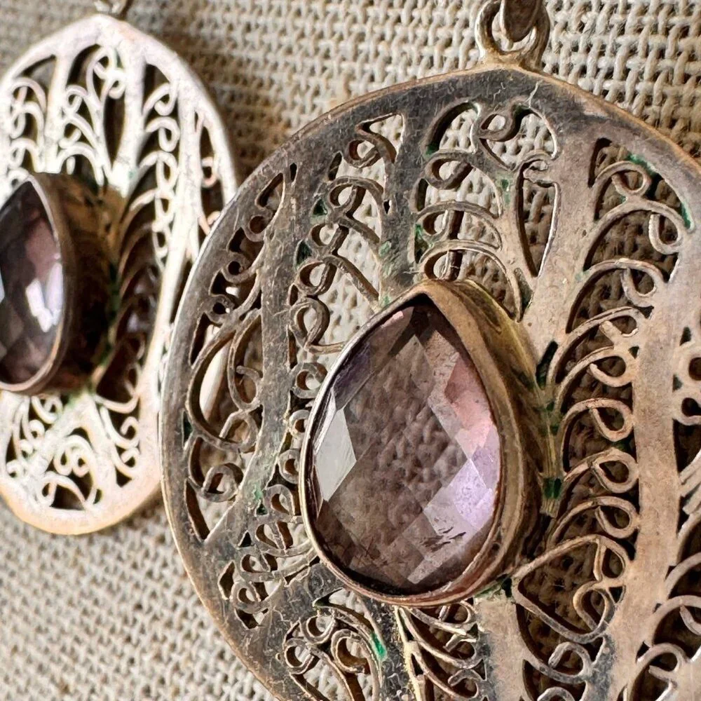 Vintage Boho Sterling Silver Filigree Drop Earrings with Pear-Cut Amethyst Accen